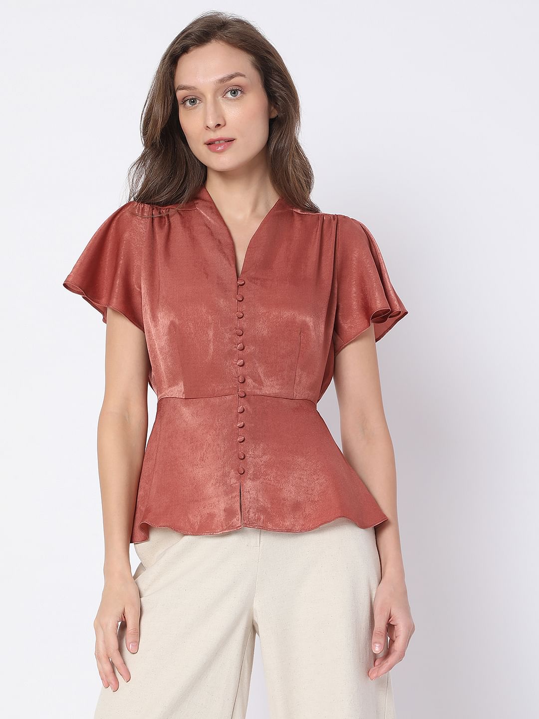 Red Satin Peplum Top
