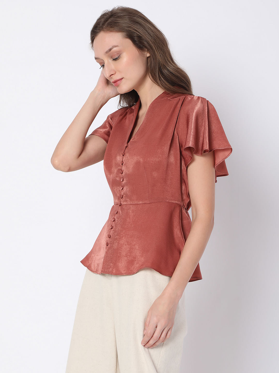 Red Satin Peplum Top