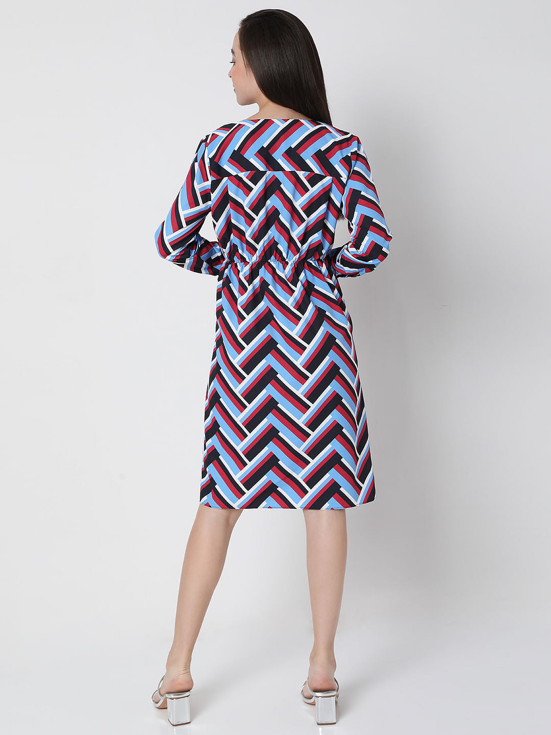 Blue Chevron Print Midi Dress
