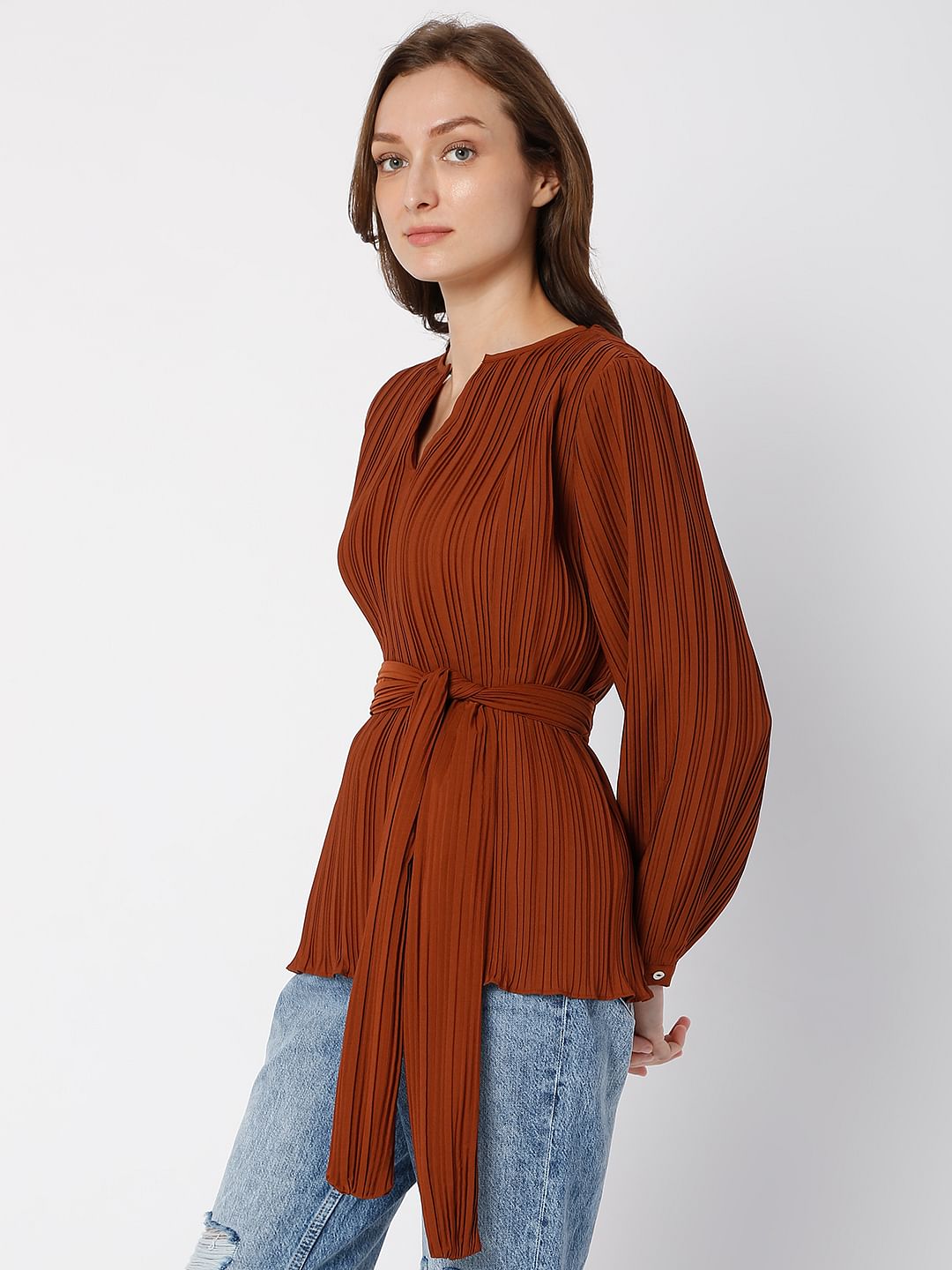Brown Plisse Top