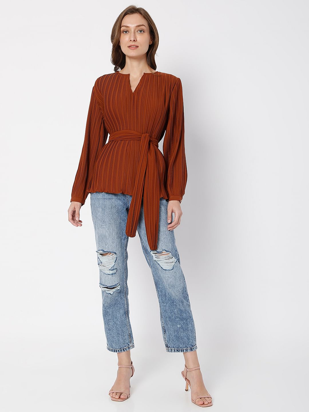 Brown Plisse Top