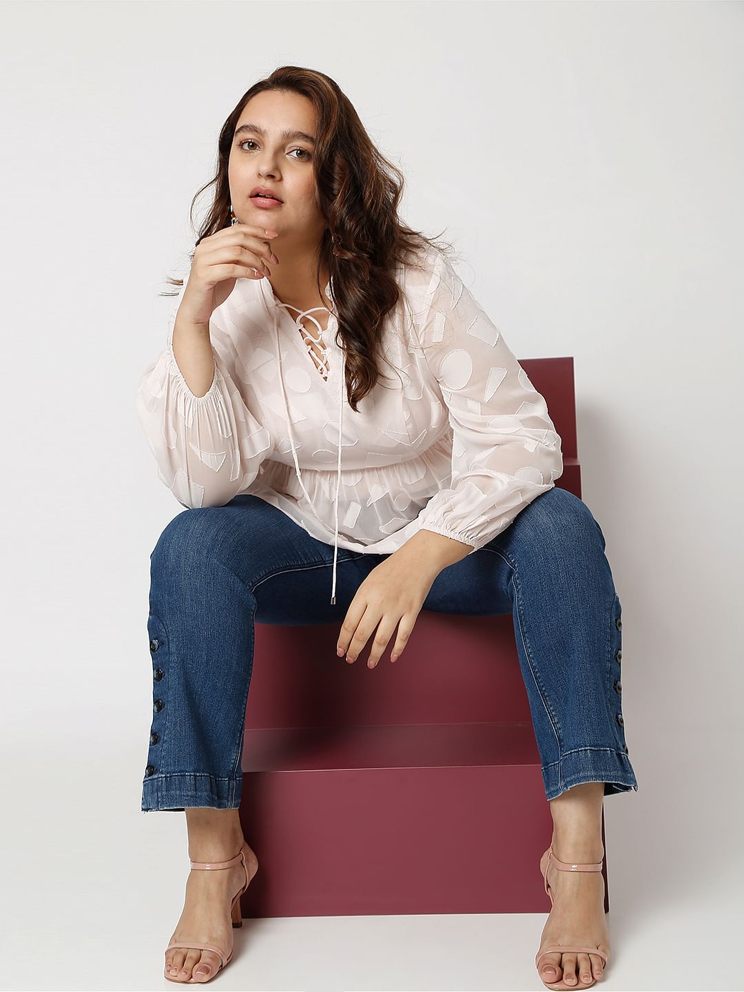 Curve Light Pink Printed Jacquard Top