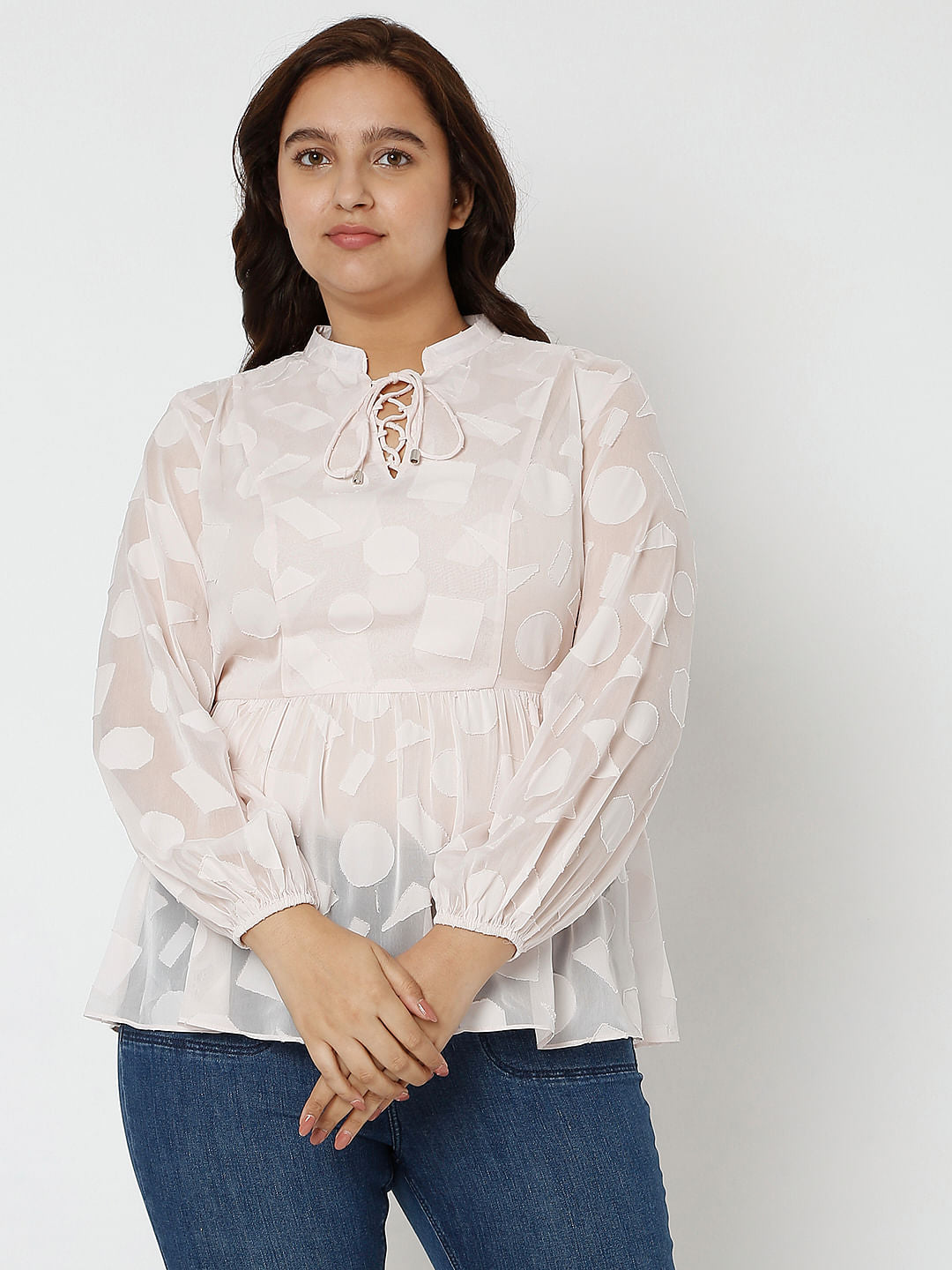 Curve Light Pink Printed Jacquard Top