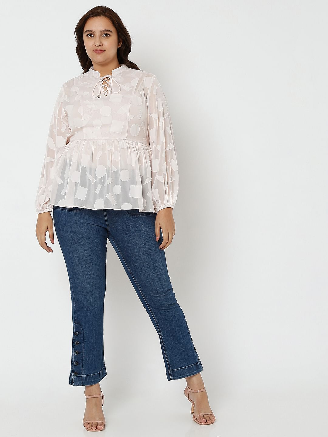 Curve Light Pink Printed Jacquard Top
