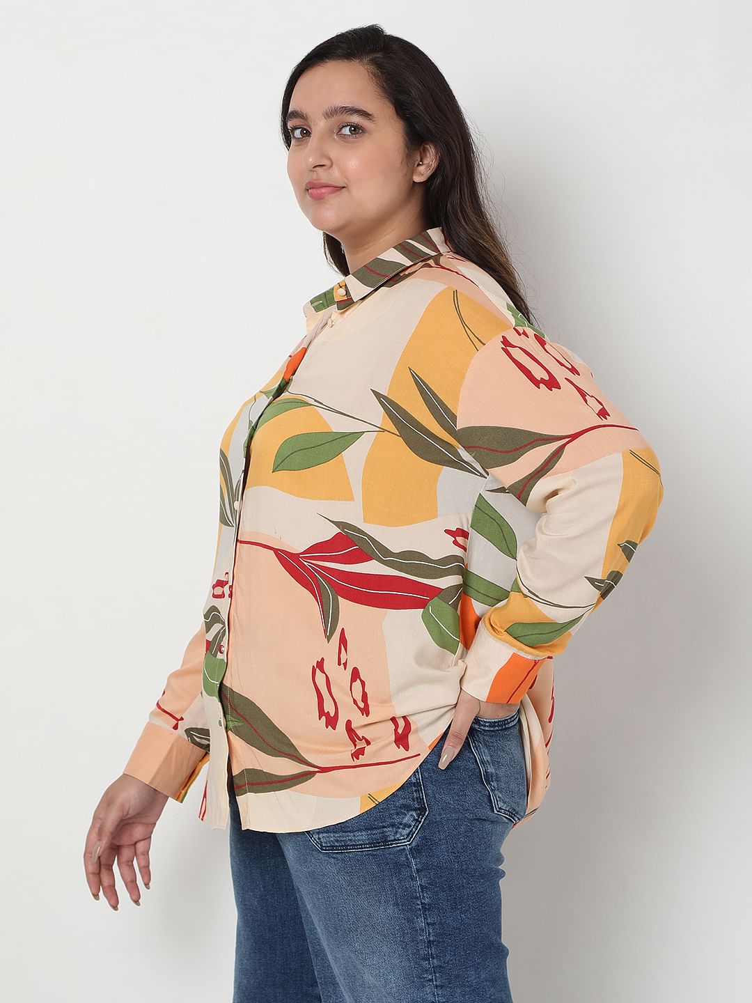 Curve Brown Printed Co-Ord Set Shirt