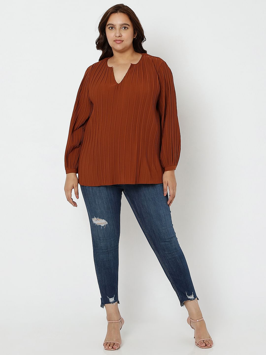 Curve Brown Pleated Top