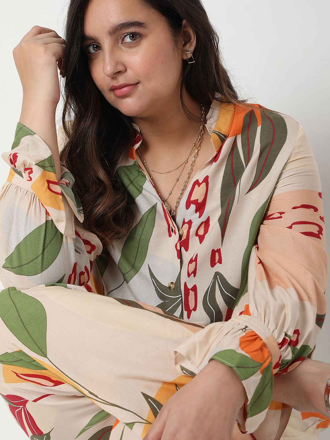 Curve Beige Co-Ord Set Floral Top