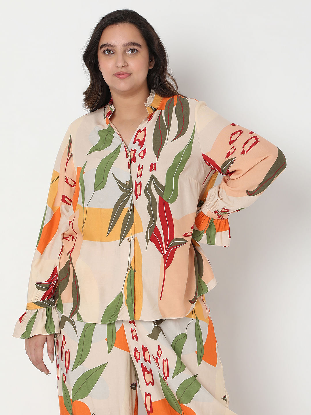 Curve Beige Co-Ord Set Floral Top