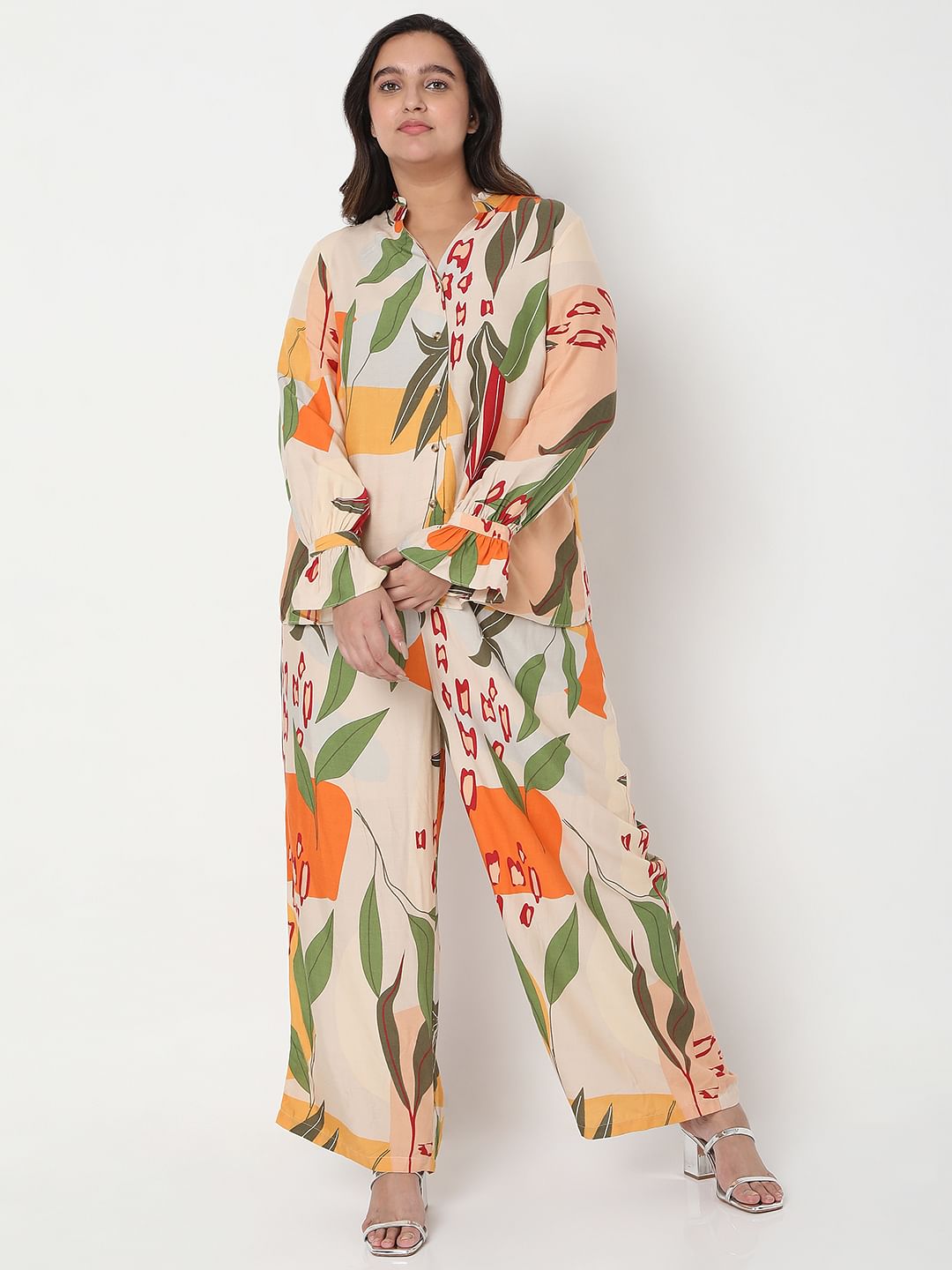 Curve Beige Co-Ord Set Floral Top