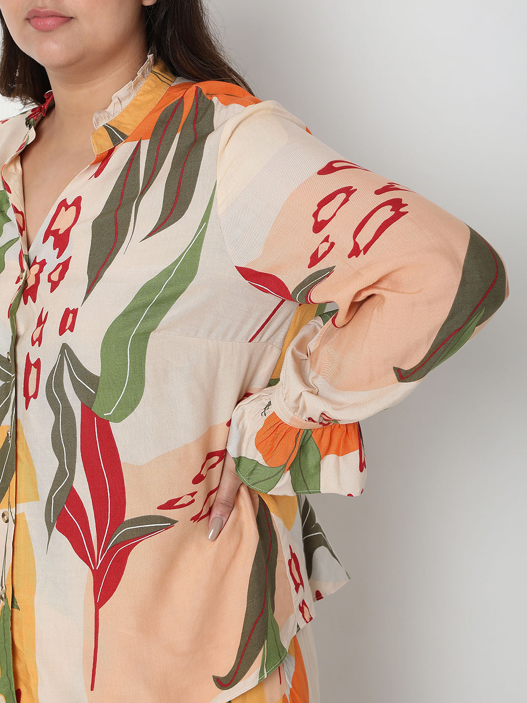 Curve Beige Co-Ord Set Floral Top