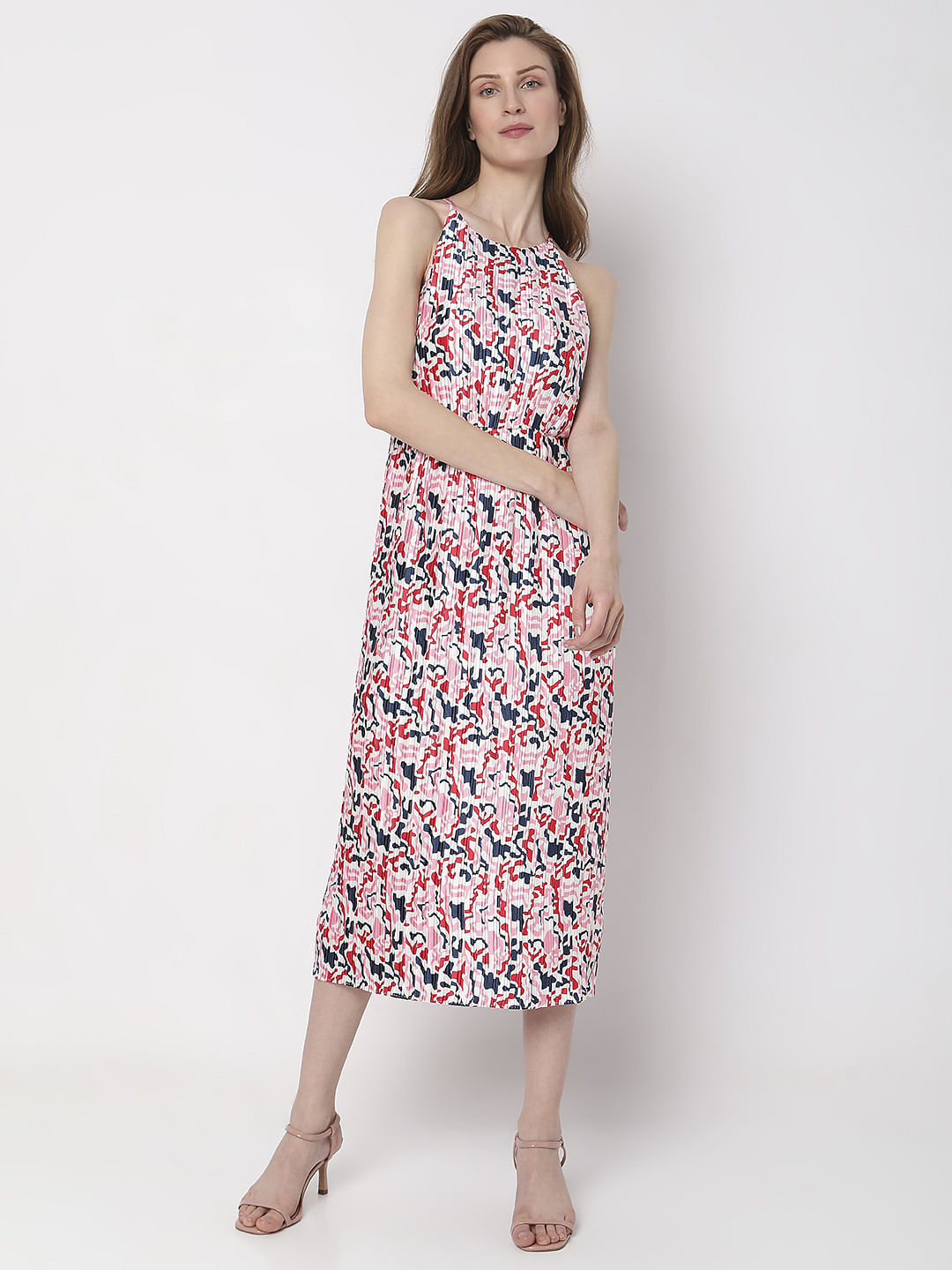White Pleated Printed Midi Dress