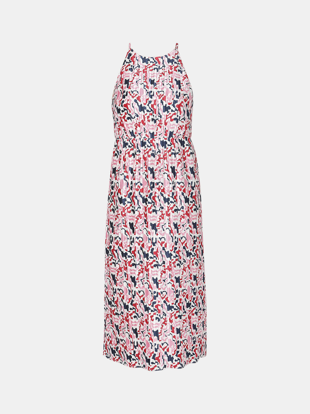 White Pleated Printed Midi Dress