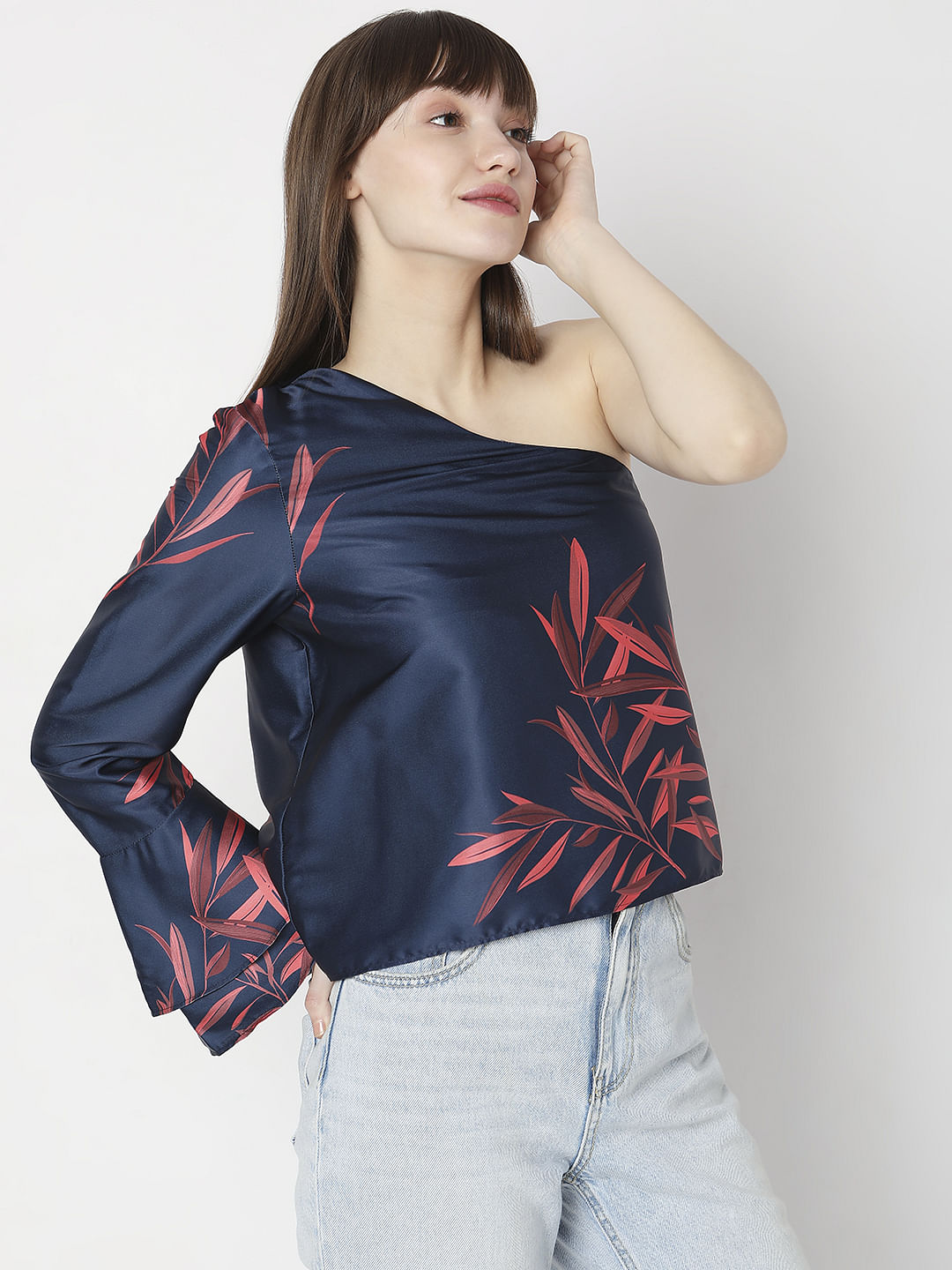 Navy Blue Printed One-Shoulder Co-Ord Set Top