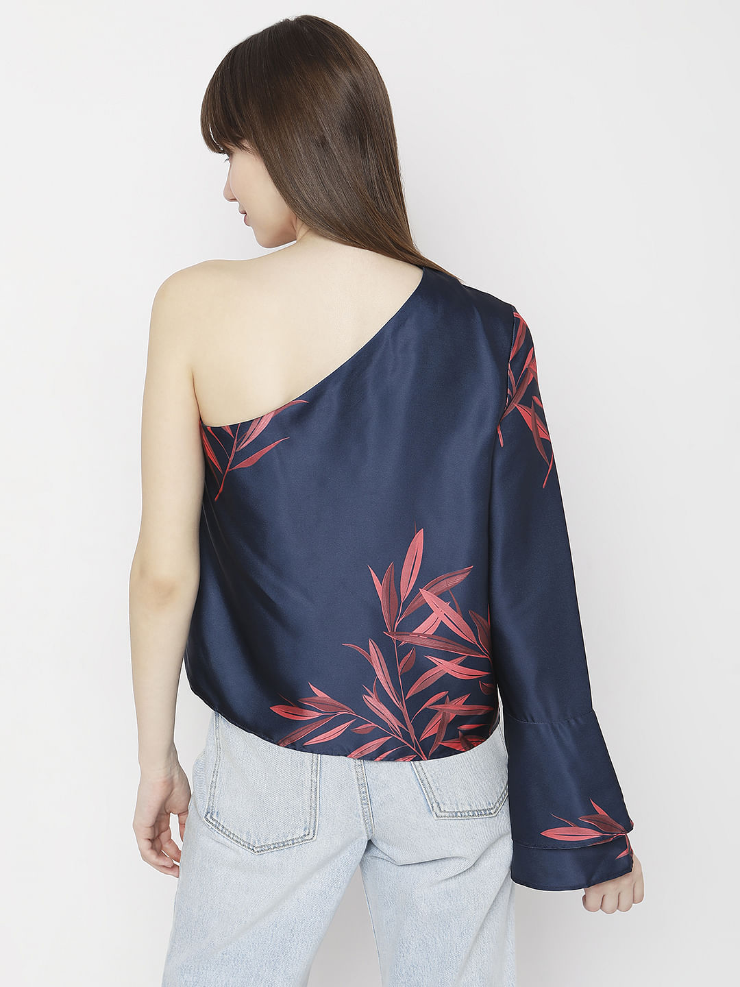 Navy Blue Printed One-Shoulder Co-Ord Set Top