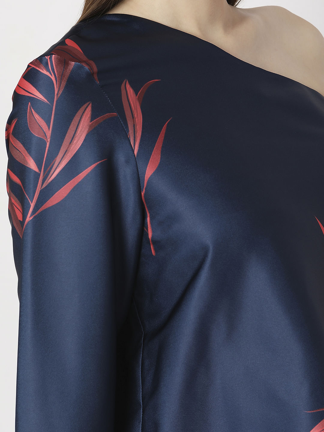 Navy Blue Printed One-Shoulder Co-Ord Set Top