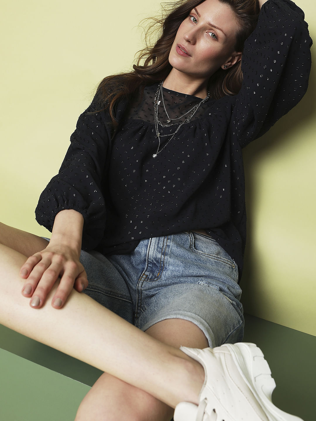 Navy Blue Textured Puff Sleeves Top