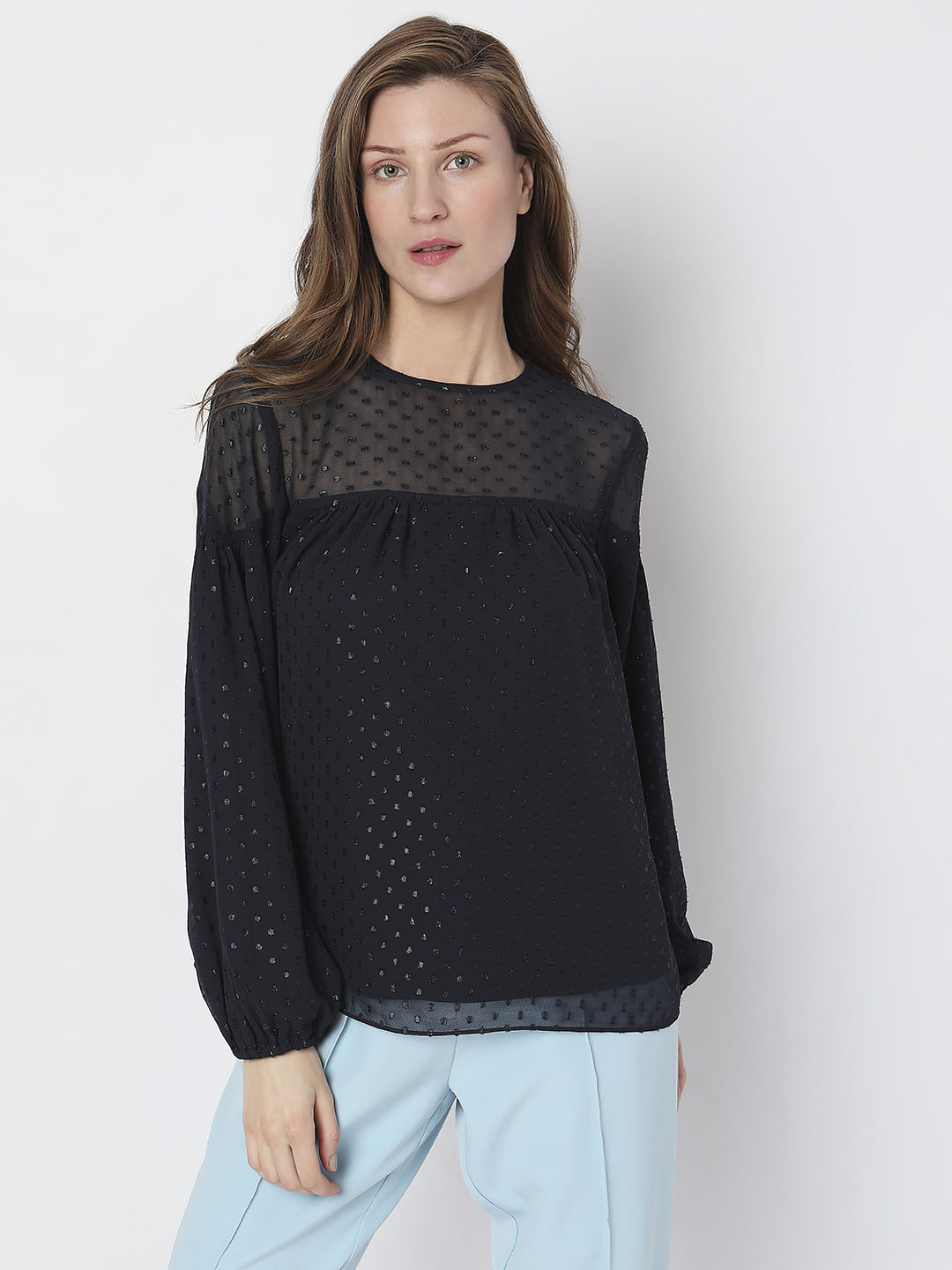 Navy Blue Textured Puff Sleeves Top