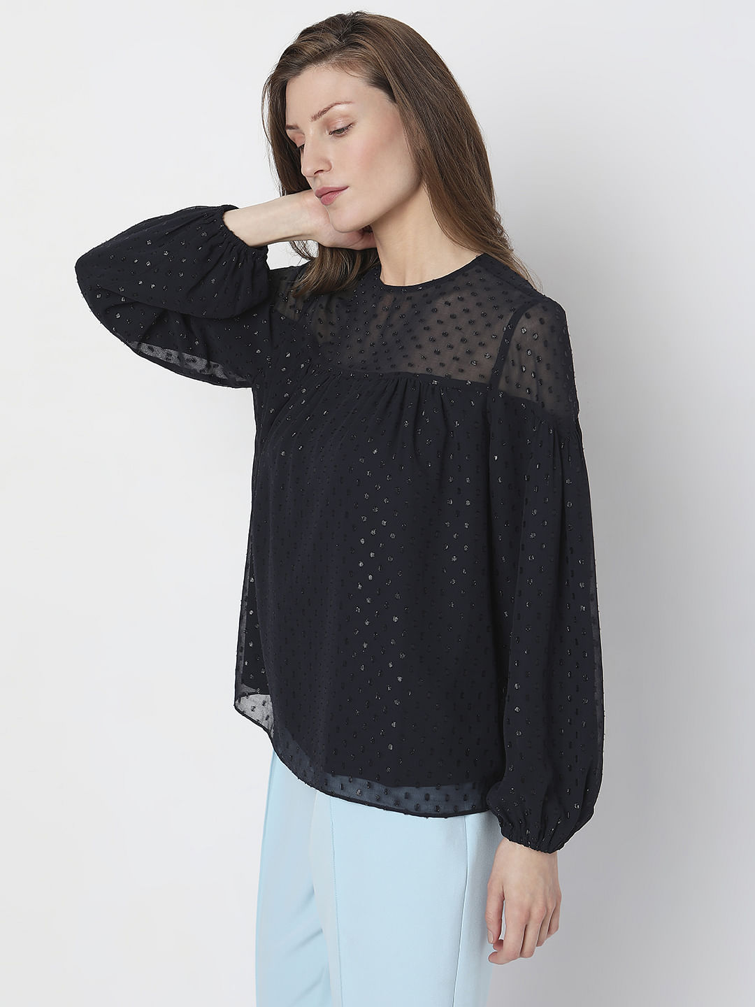 Navy Blue Textured Puff Sleeves Top