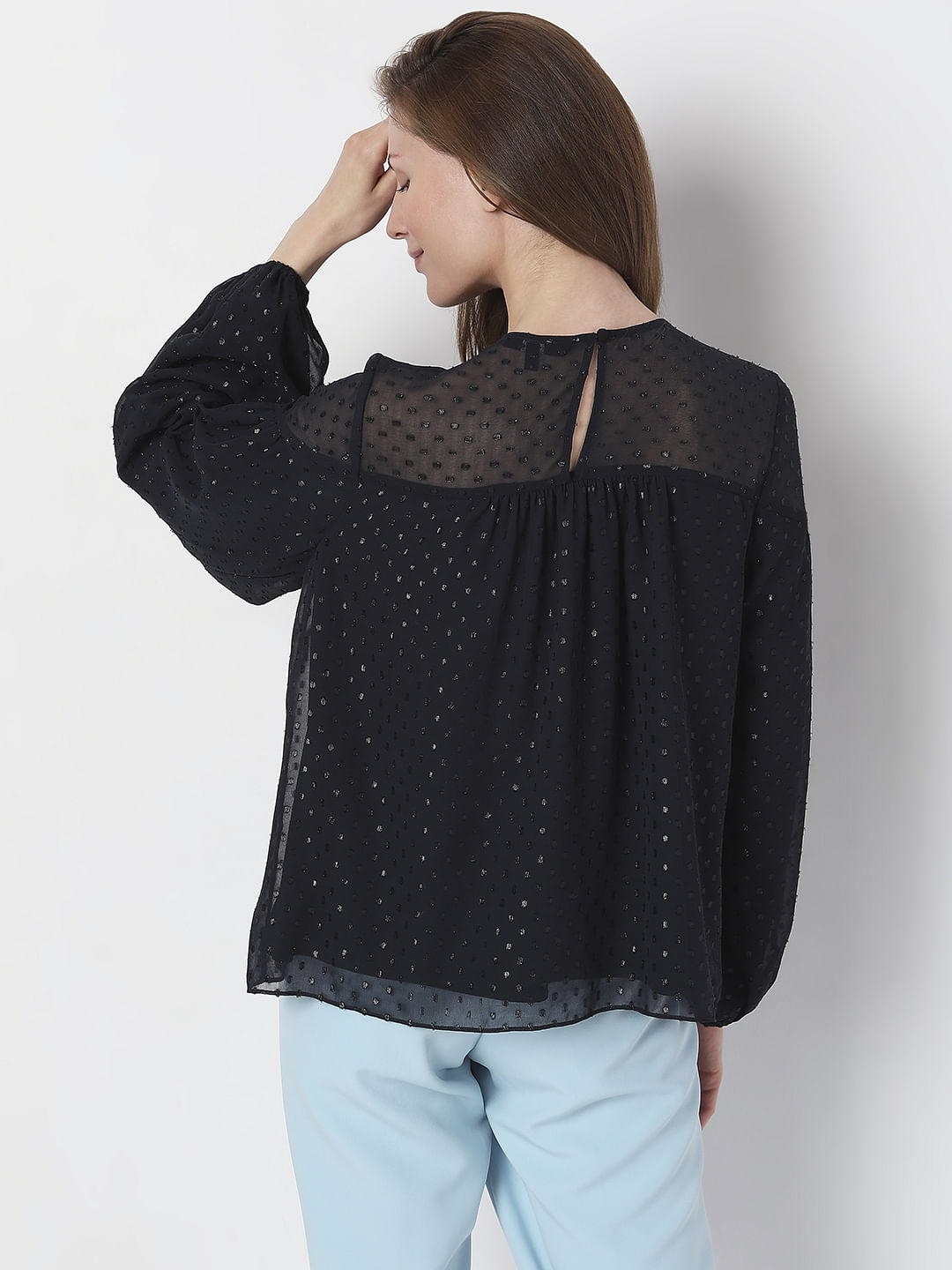 Navy Blue Textured Puff Sleeves Top