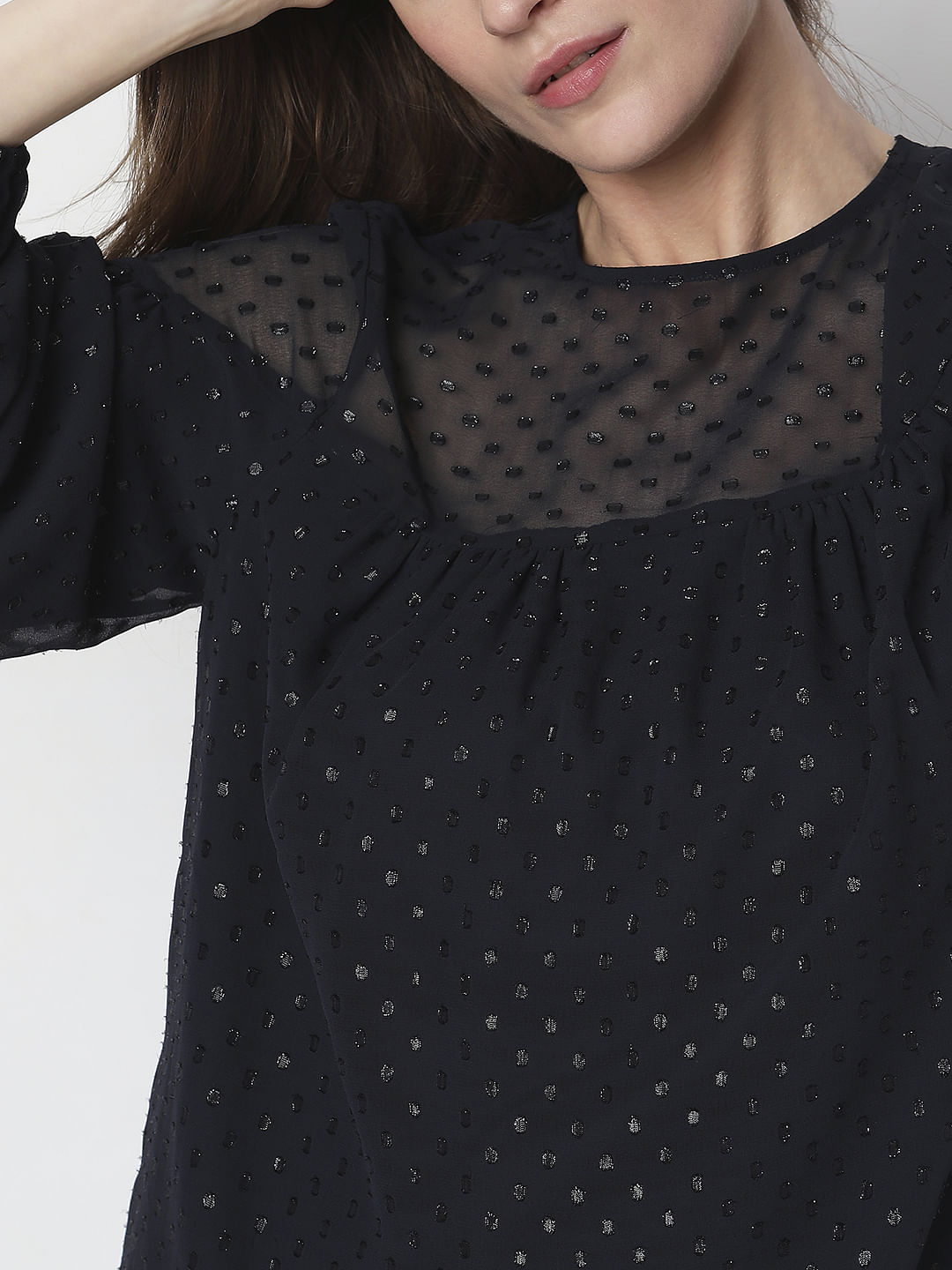 Navy Blue Textured Puff Sleeves Top