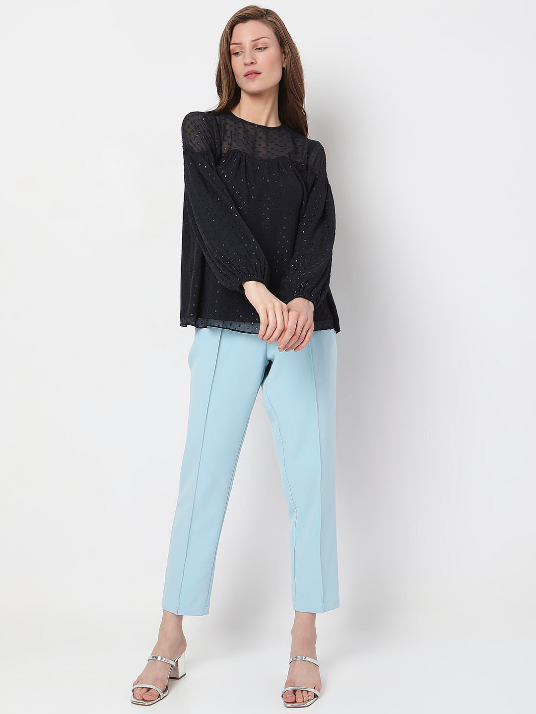 Navy Blue Textured Puff Sleeves Top