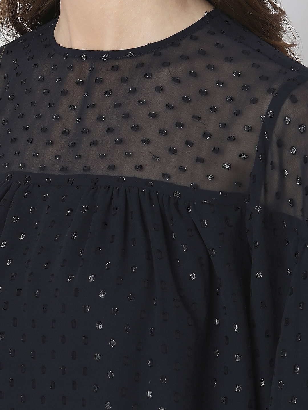 Navy Blue Textured Puff Sleeves Top