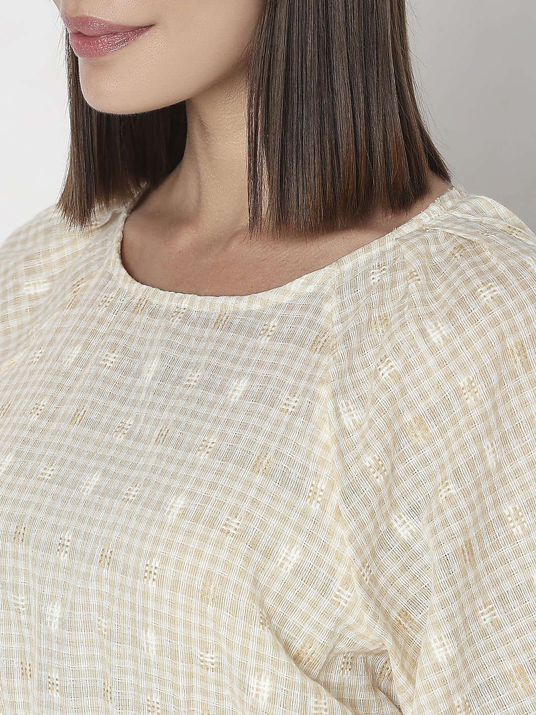 Beige Check Cropped Co-Ord Set Top