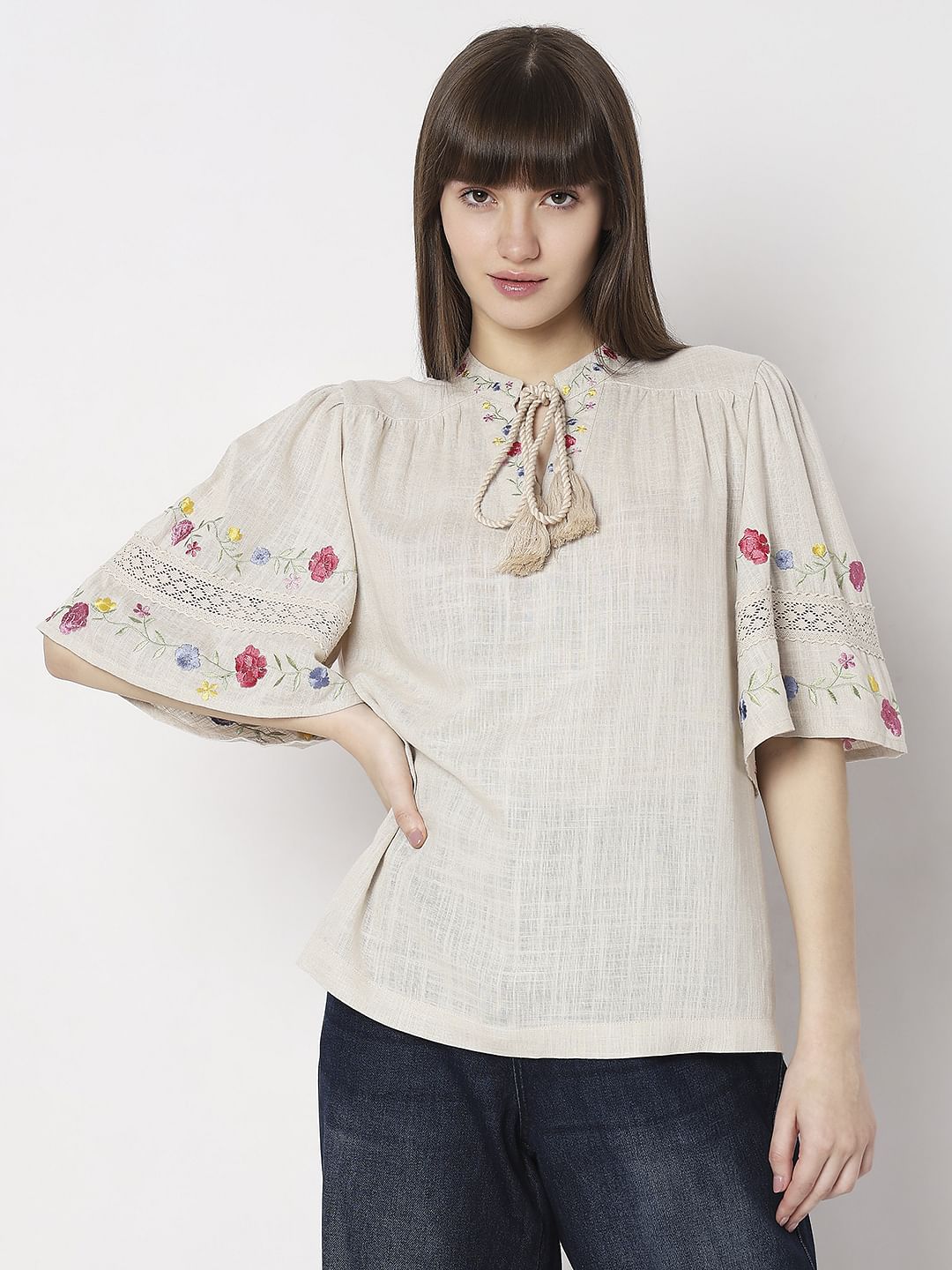 Beige Floral Embroidered Top