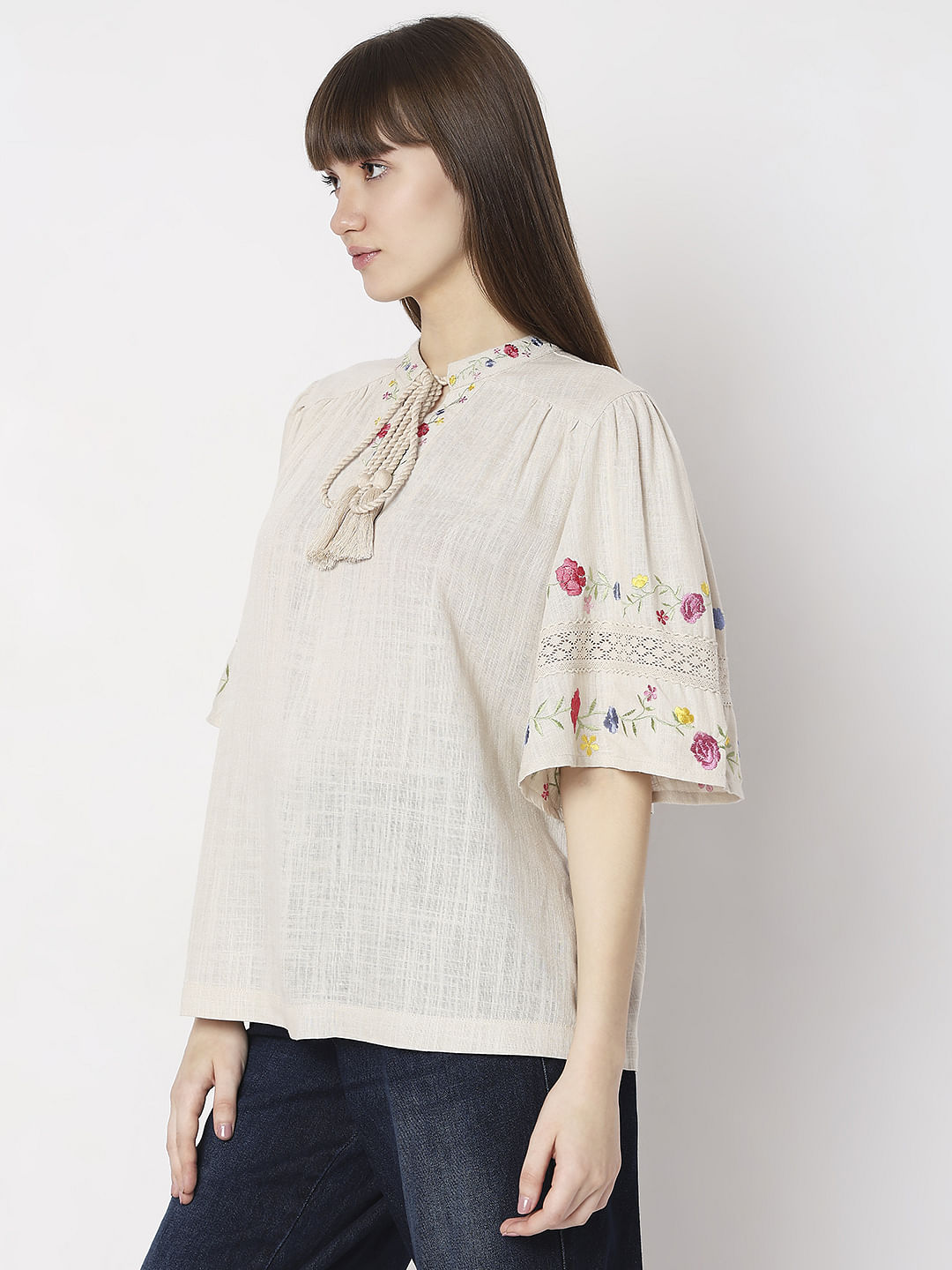 Beige Floral Embroidered Top