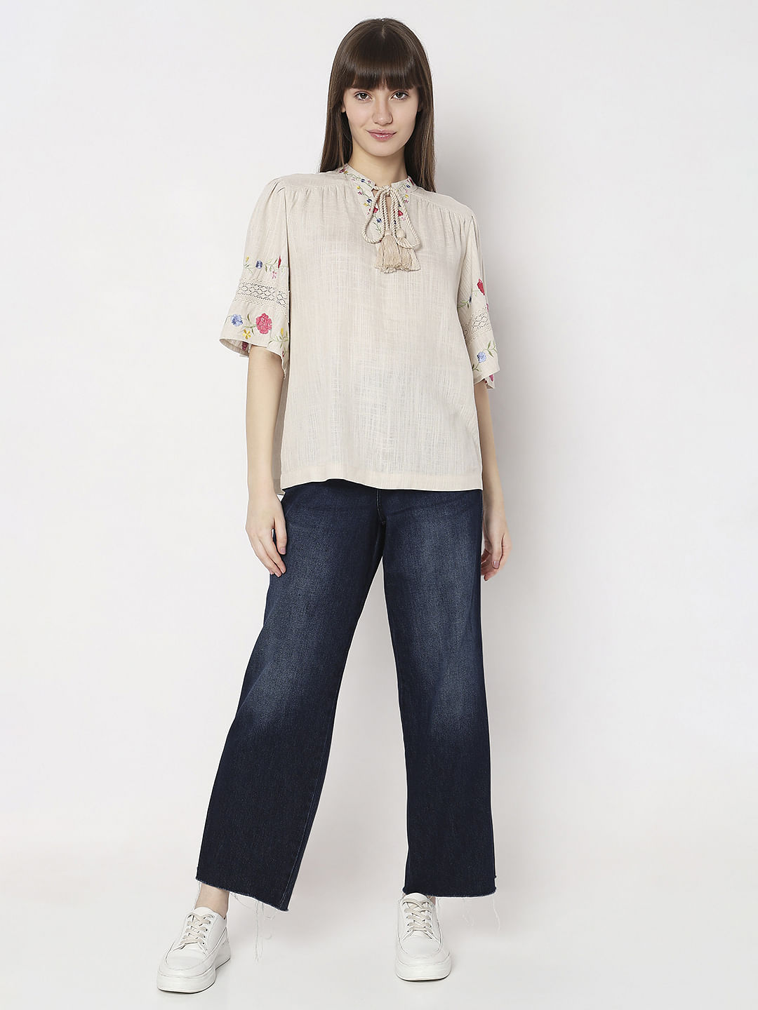 Beige Floral Embroidered Top