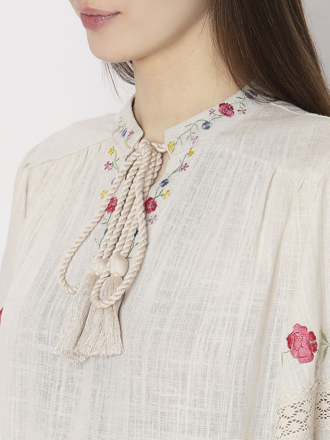 Beige Floral Embroidered Top