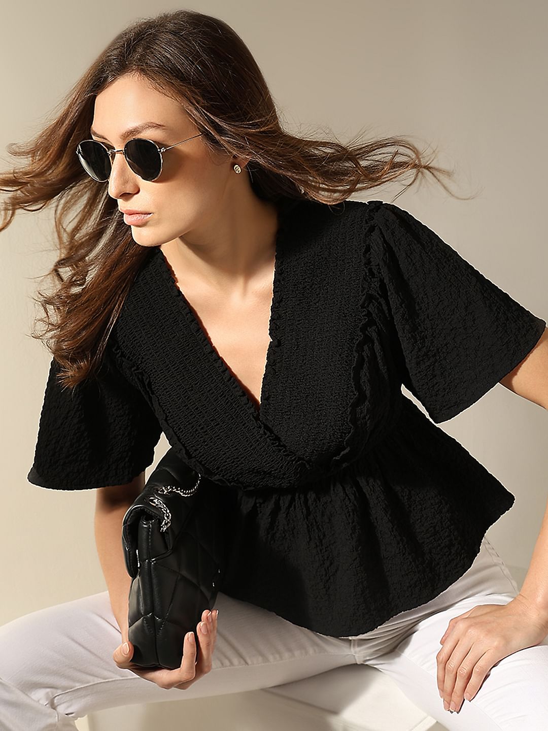 Black V-Neck Peplum Top