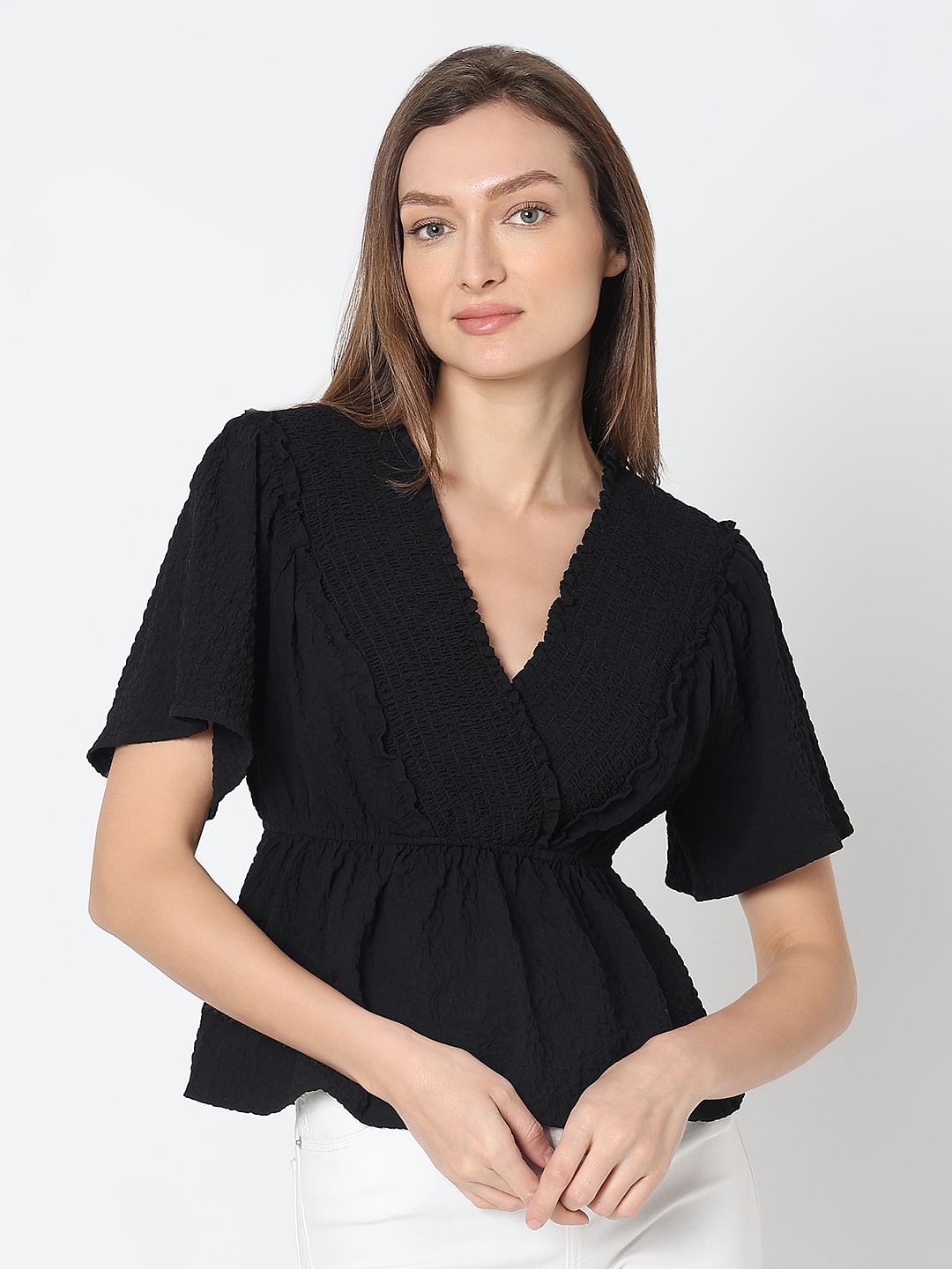 Black V-Neck Peplum Top