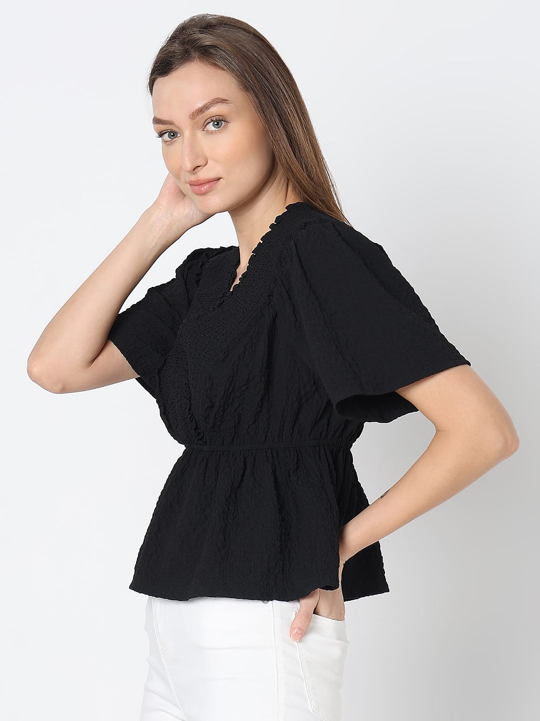 Black V-Neck Peplum Top