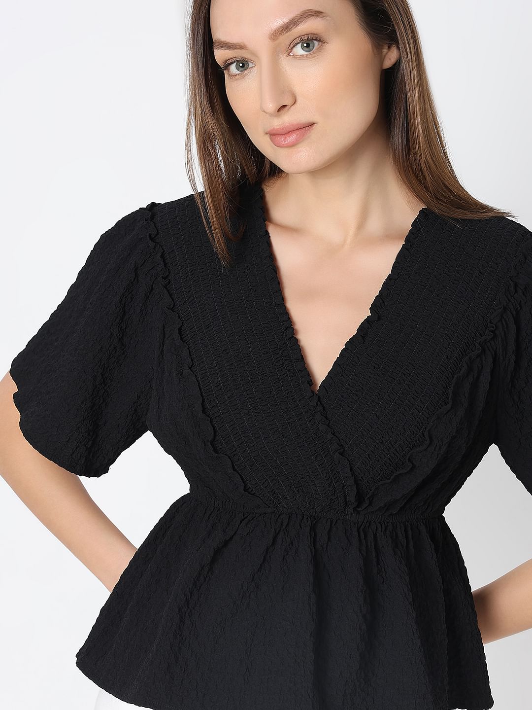 Black V-Neck Peplum Top