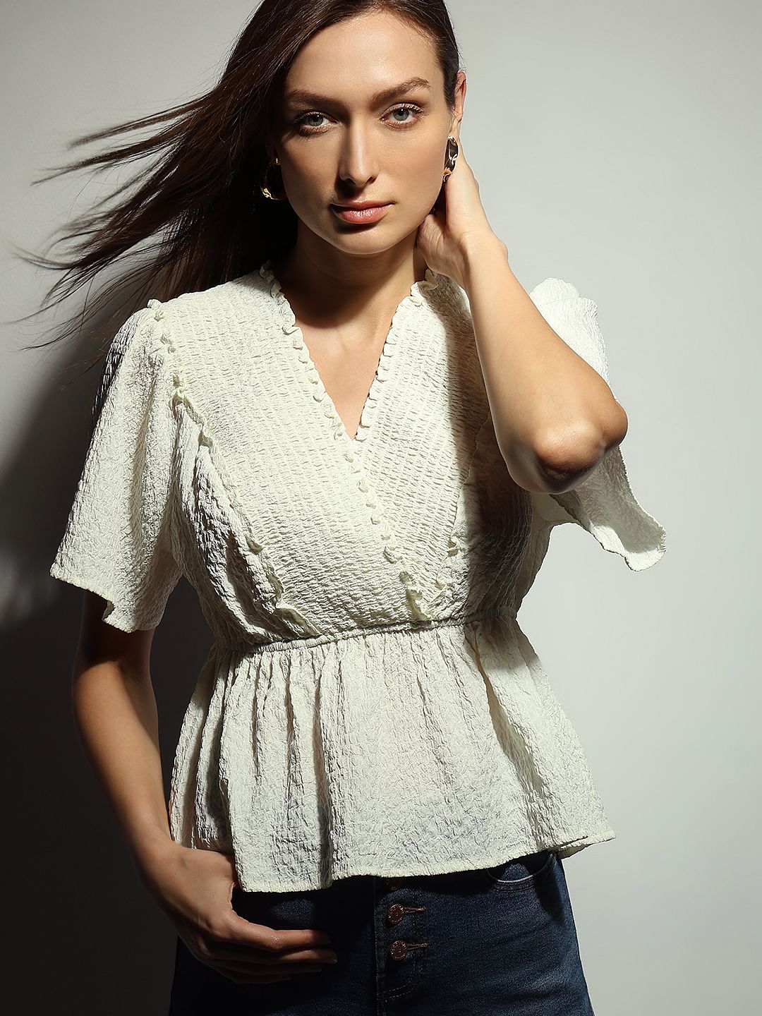 White Textured V-Neck Top