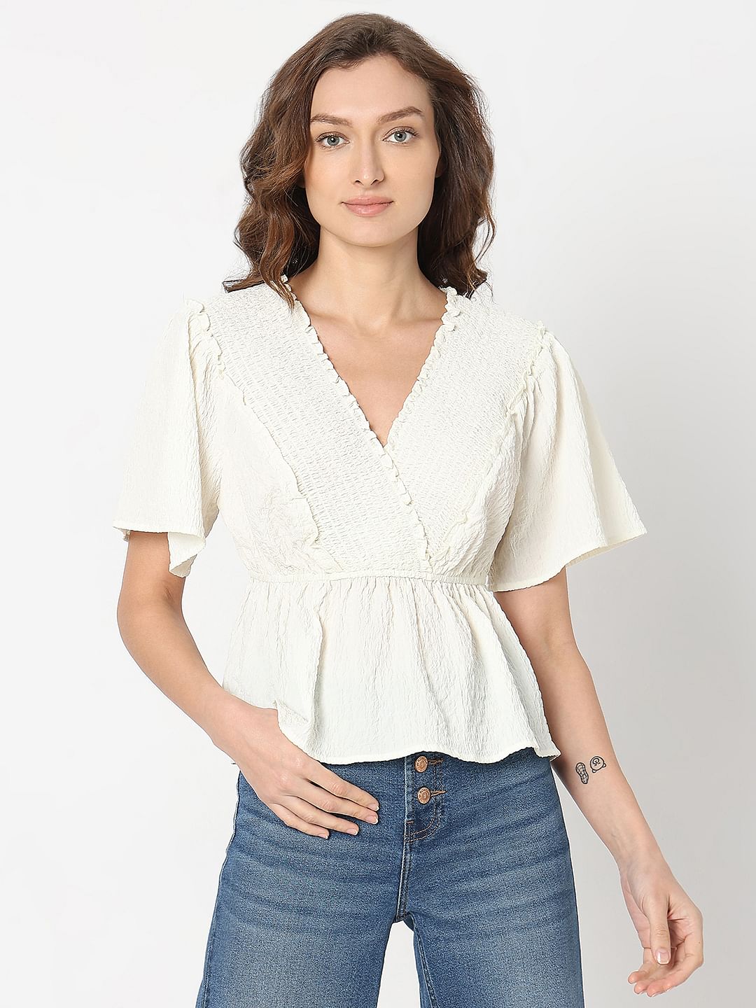 White Textured V-Neck Top