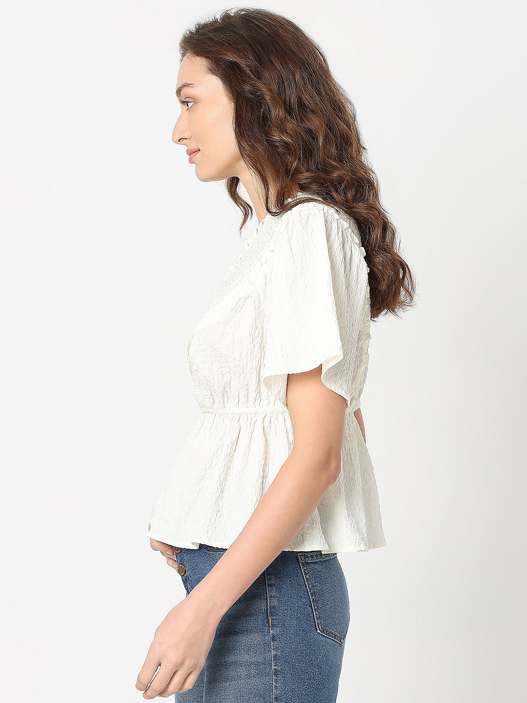 White Textured V-Neck Top
