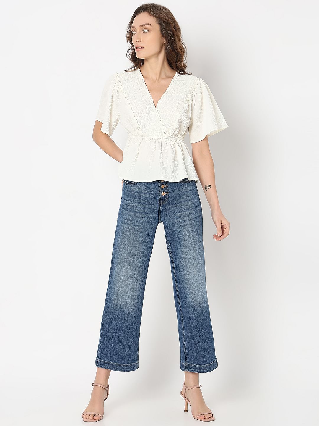 White Textured V-Neck Top