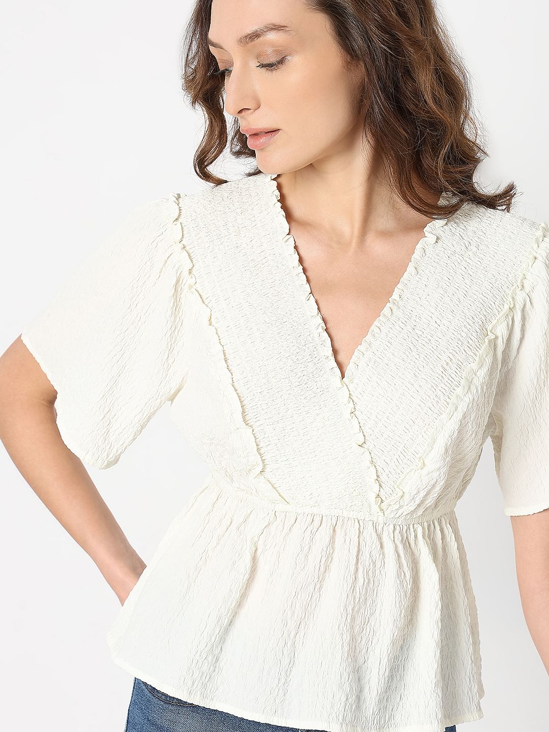 White Textured V-Neck Top
