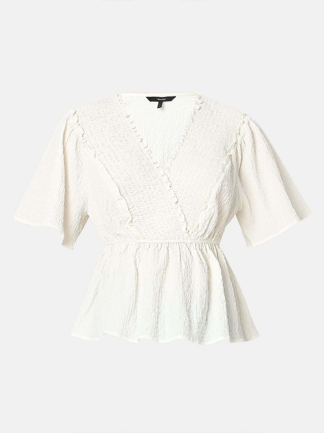 White Textured V-Neck Top
