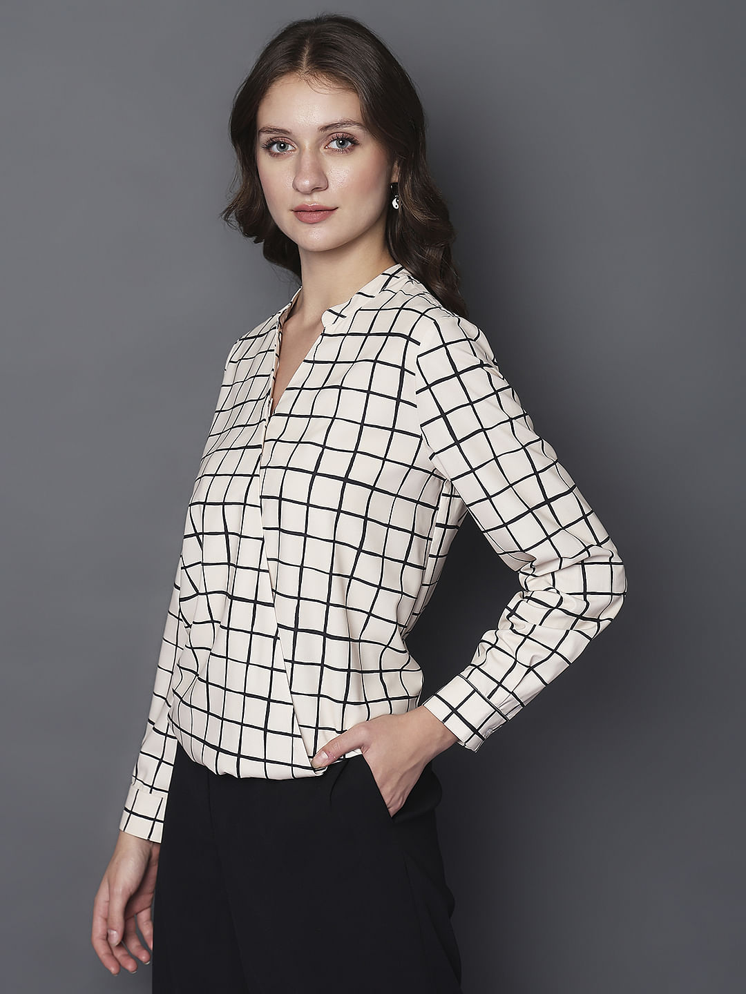 Beige Check Print Top