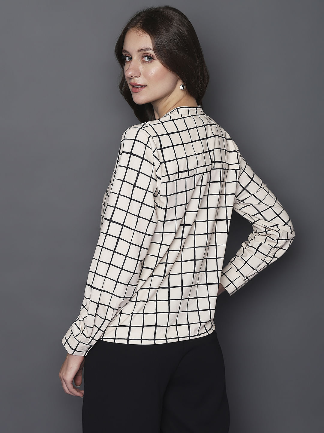 Beige Check Print Top