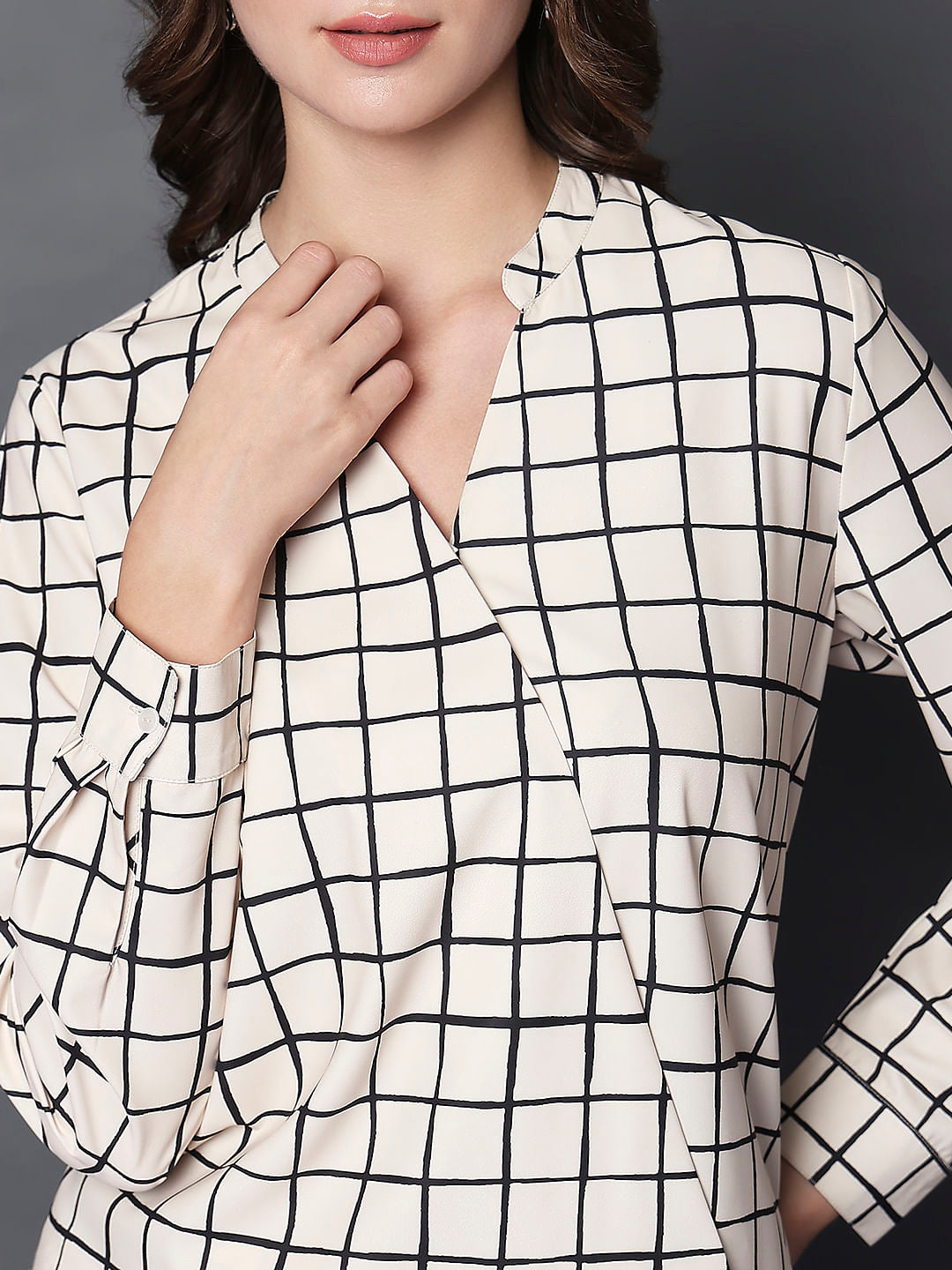 Beige Check Print Top