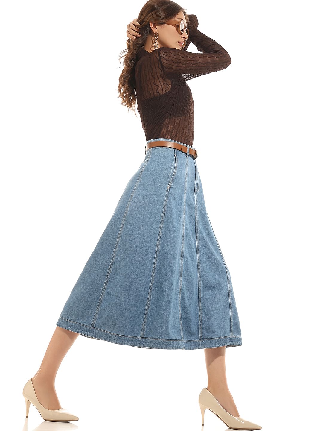 Blue High Rise Midi Denim Skirt