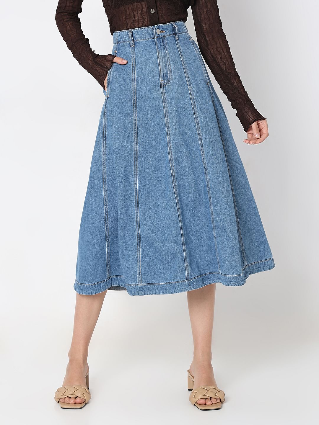 Blue High Rise Midi Denim Skirt
