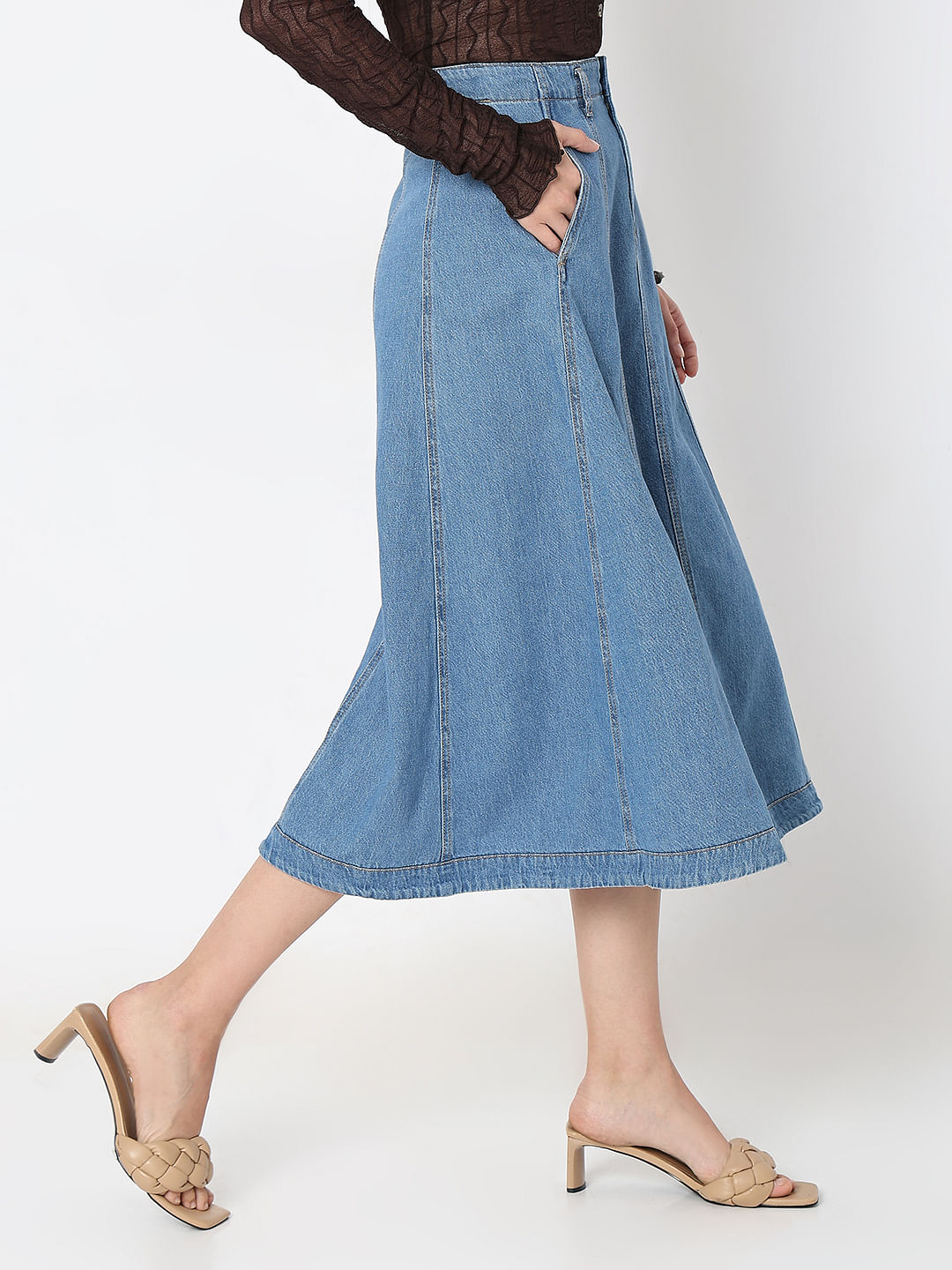 Blue High Rise Midi Denim Skirt