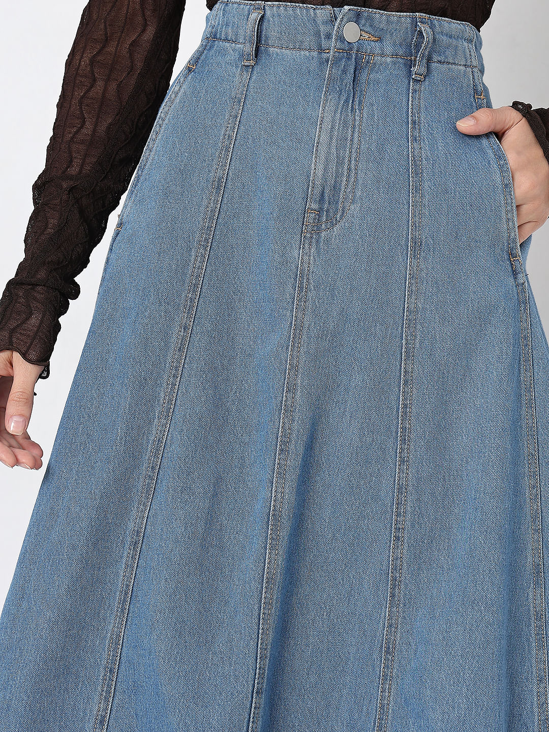 Blue High Rise Midi Denim Skirt