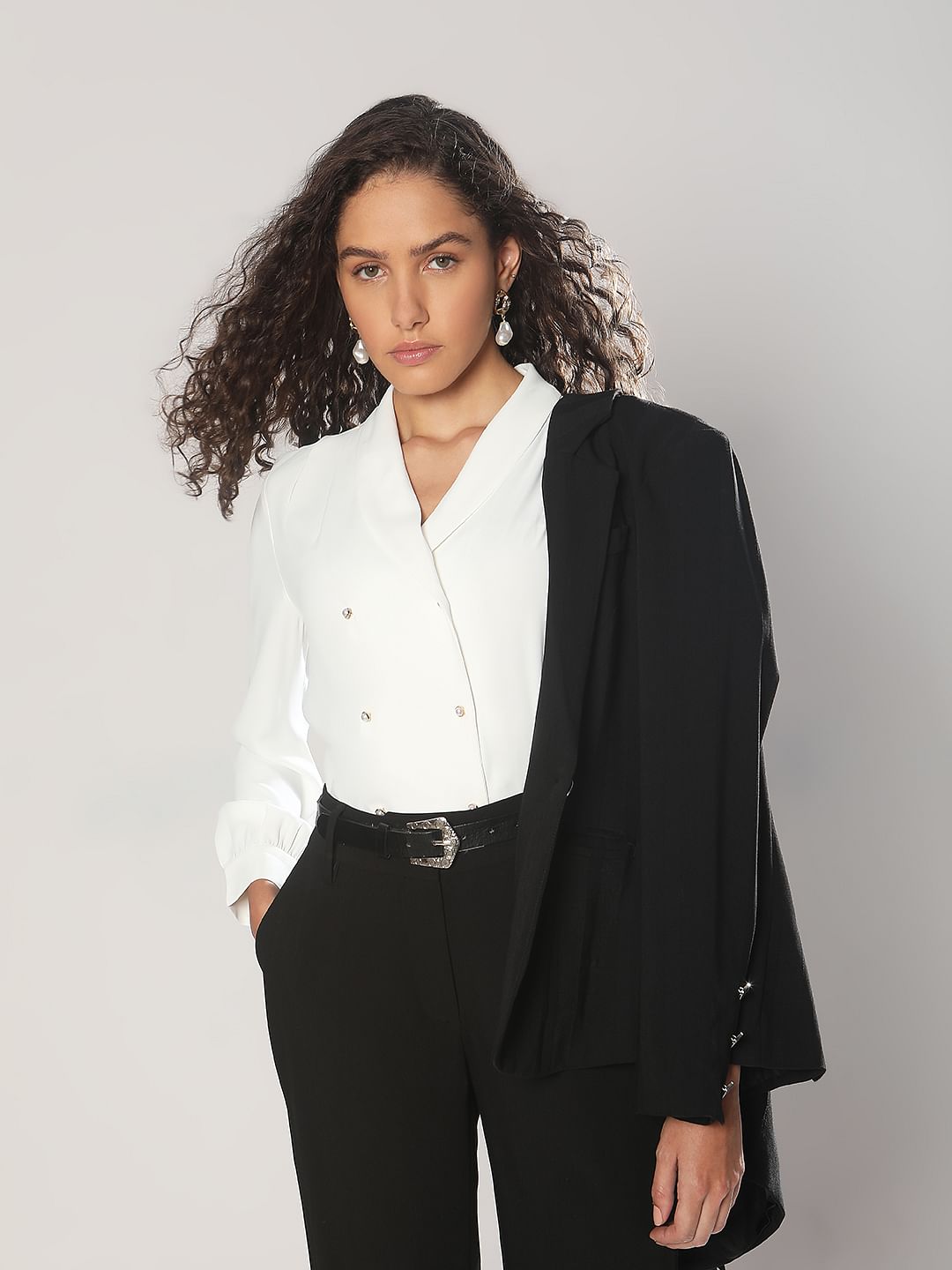 White Shawl Collar Top