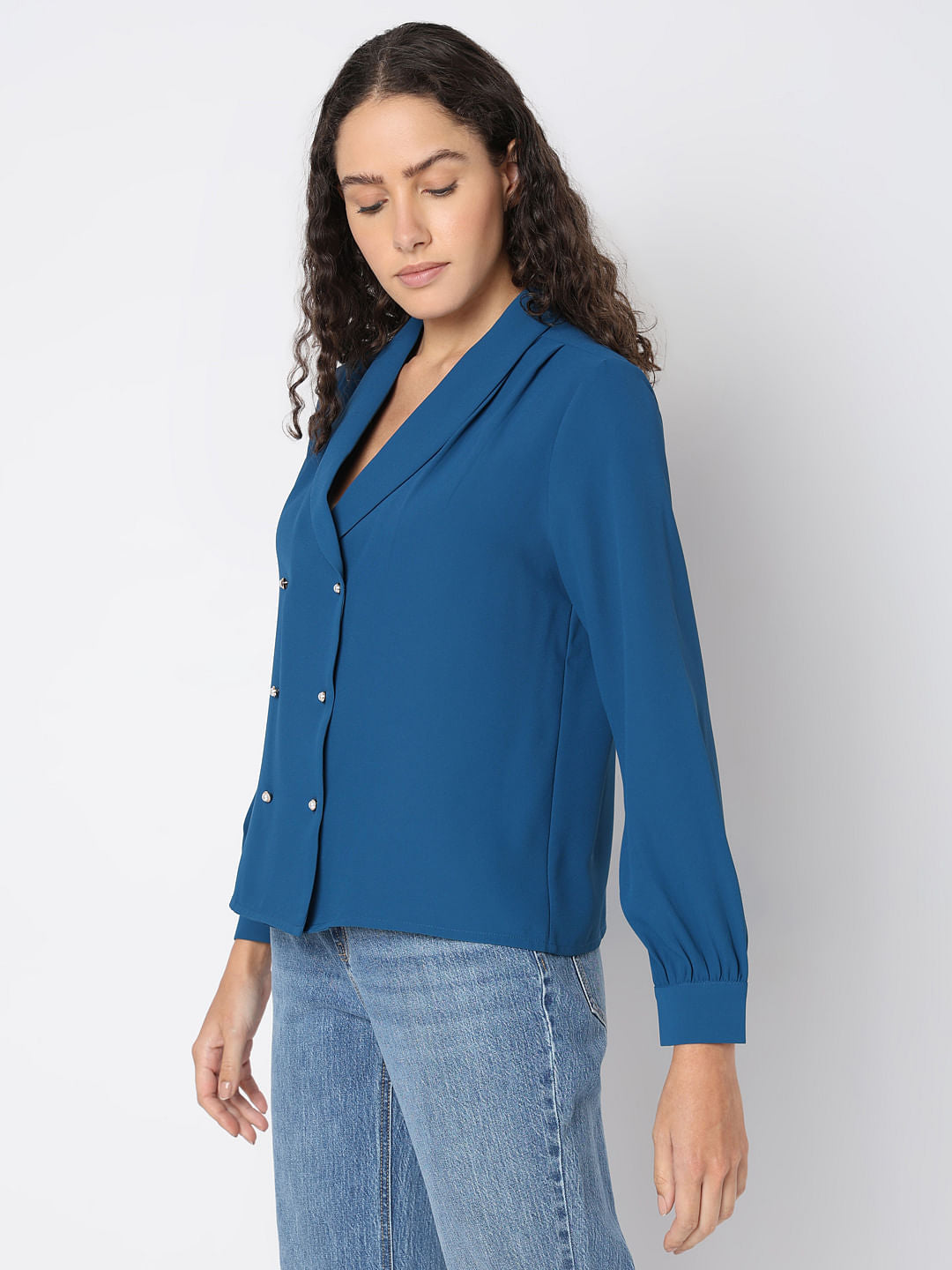 Blue Shawl Collar Top